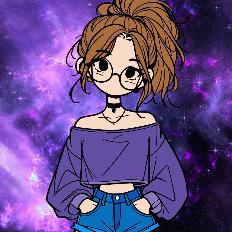 girl with a messy ponytail glasses a baggy crop top and jean shorts