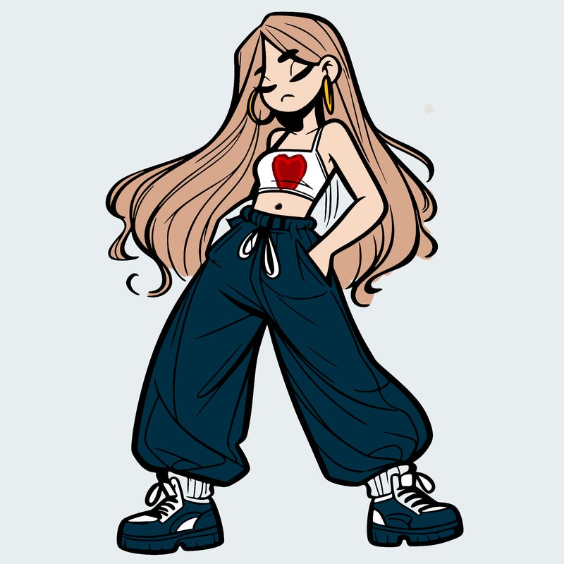 girl in baggy pants crop top and long hair