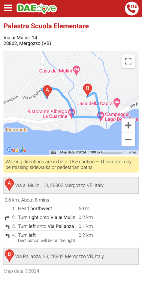 Screenshot dell'app DAEdove che mostra una mappa con indicazioni pedonali per raggiungere la posizione di un defibrillatore