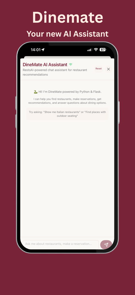 AI assistant chat interface for restaurant recommendations and table bookings in the Plate app