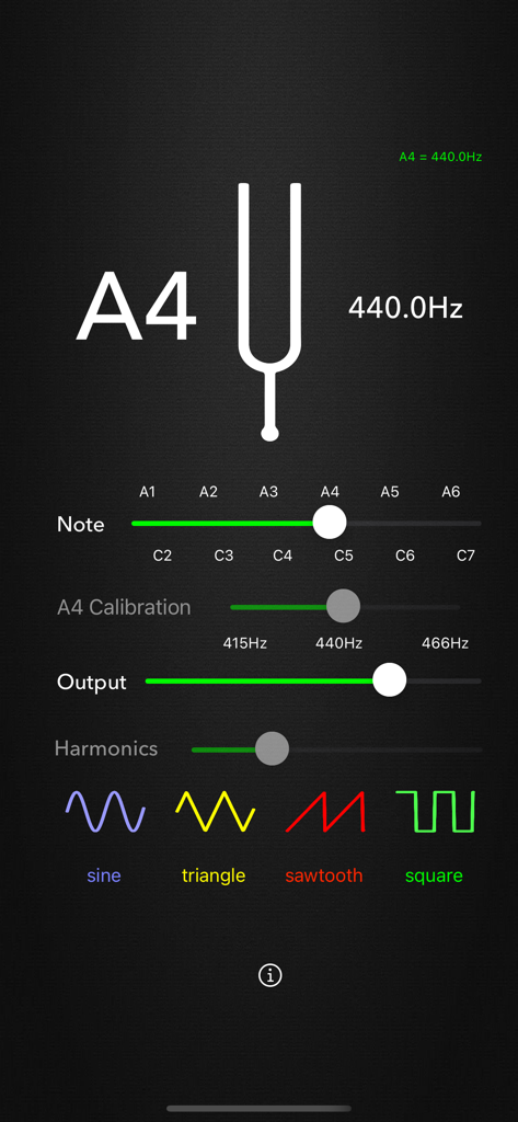 Interface d'application de diapason professionnel avec réglages de hauteur et de forme d'onde réglables