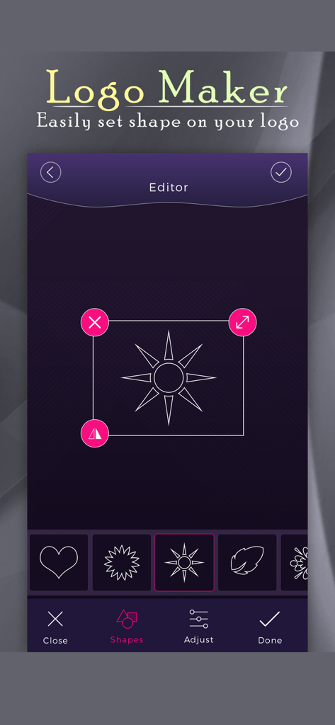Logo Creator : Best Logo Maker - Interfaz de aplicación móvil para editar formas de logo con varios iconos geométricos