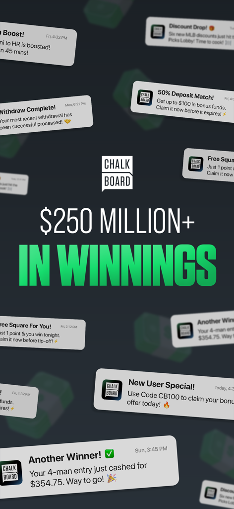 Chalkboard Fantasy Sports app screen showcasing over 250 million dollars in total winnings with promotional offers