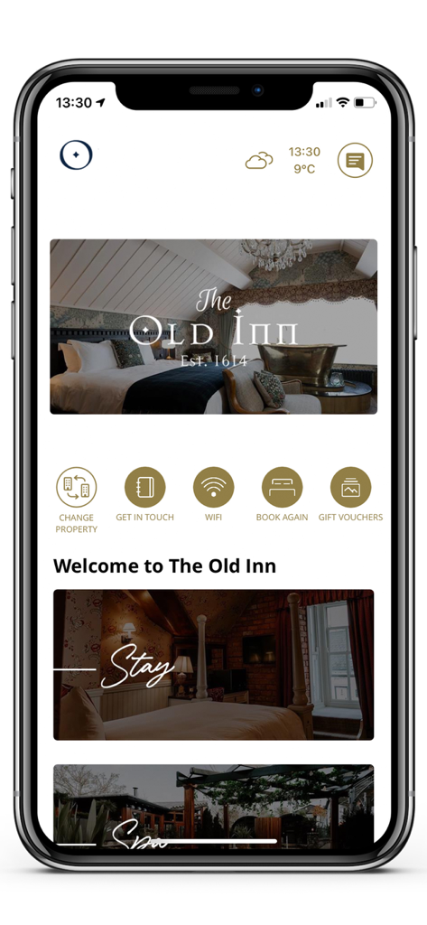 Galgorm Collection - Galgorm Collection mobile app interface showing The Old Inn luxury hotel dashboard with booking and spa options