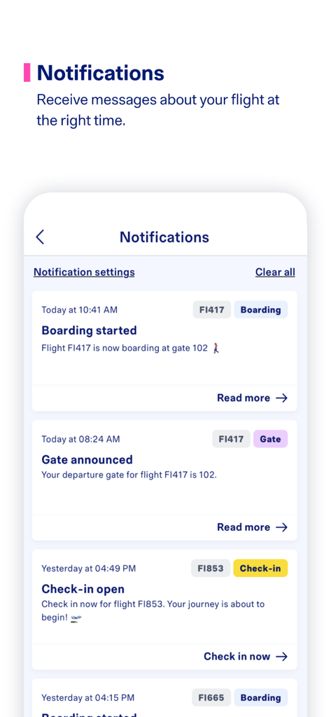 Icelandair - Interfaz de la aplicación móvil de Icelandair que muestra notificaciones de vuelo en tiempo real para cambios de puerta de embarque y estado del check-in.