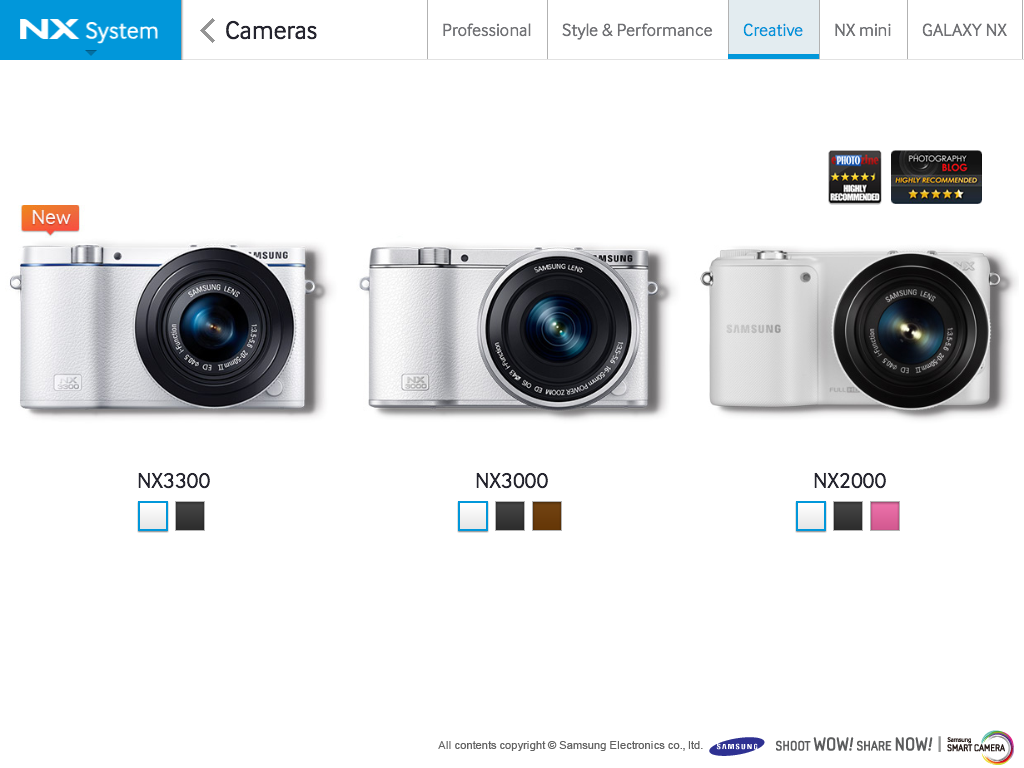 Interface of the Samsung SMART CAMERA NX app showing the NX3300, NX3000, and NX2000 camera models under the Creative category.