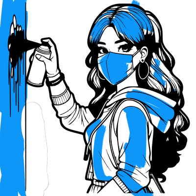 realistic girl with mask spray painting a wall