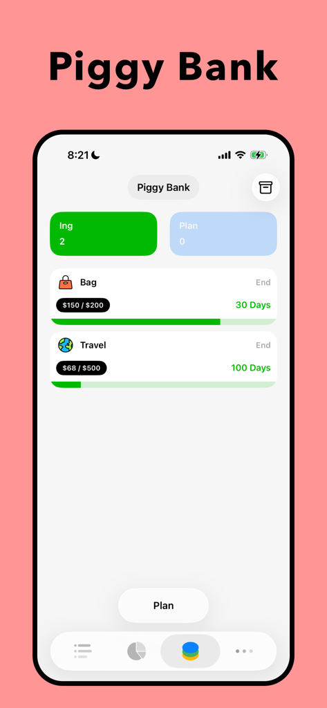 Daak - Budget & Money Tracker - Daak app piggy bank interface showing progress bars for savings goals like a bag and travel