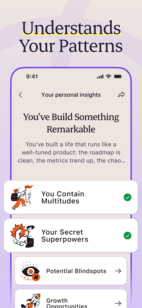 Purpose: Your AI Mentor - Una pantalla de la aplicación de mentor IA Propósito que muestra información personal como superpoderes secretos y posibles puntos ciegos