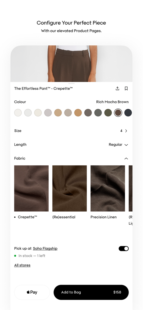 Aritzia - Página de producto de la app Aritzia para el Pantalón Effortless que muestra opciones de selección de color, talla y tela