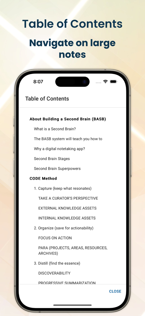 NotesHub app displaying a table of contents for navigating large Markdown notes on iPhone
