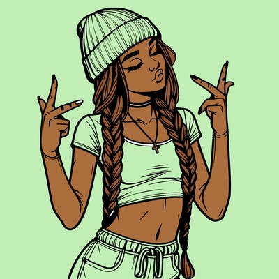 realistic teenage girl with braids and a beanie and crop top doing 🫶🏼