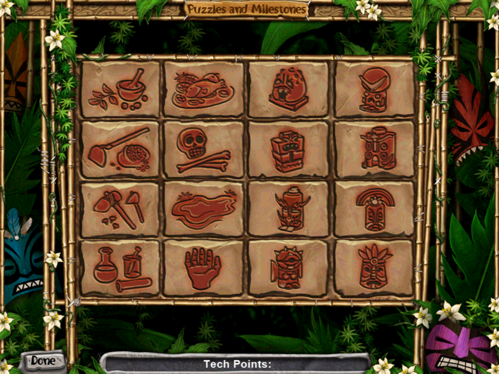 Virtual Villagers 5 - Lite - A grid of stone icons representing puzzles and milestones in Virtual Villagers 5