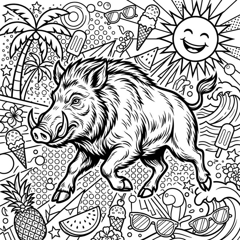 Experience the thrill of a wild boar bursting through a vibrant summer scene, all rendered in an exciting Pop Art style. This unique coloring page offers a dynamic blend of nature's power and playful artistic flair, perfect for a sunny day's creative escape.