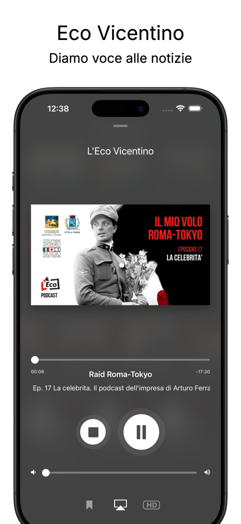 Eco Vicentino - Reproductor de audio de la aplicación Eco Vicentino mostrando un episodio de podcast en italiano.