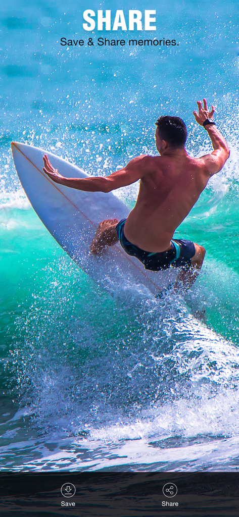 Slow Motion Video & Speed Up - Uma tela do aplicativo ClipSpeed mostrando um surfista em uma onda com opções para salvar e compartilhar o vídeo editado.