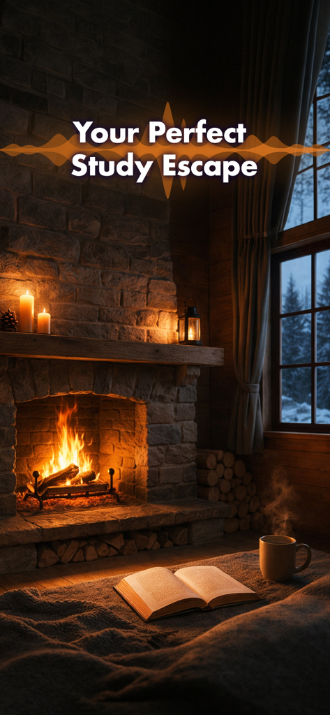 A cozy and warm study environment with a crackling fireplace and an open book