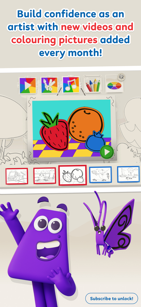 Colorblocks World - Digital coloring page with a purple character and fruit from the Colorblocks World app.