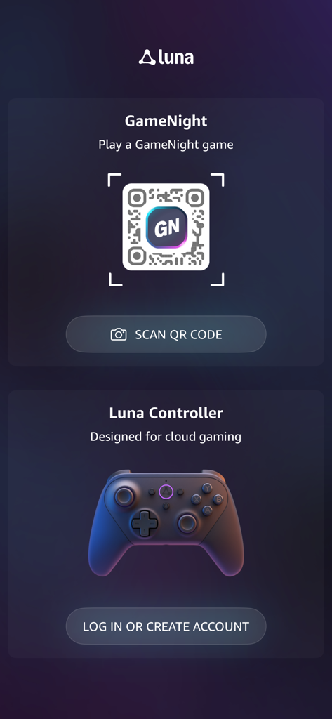 Luna Controller - Tela de boas-vindas do aplicativo Luna Controller com opções para escanear um código QR para GameNight ou fazer login em uma conta