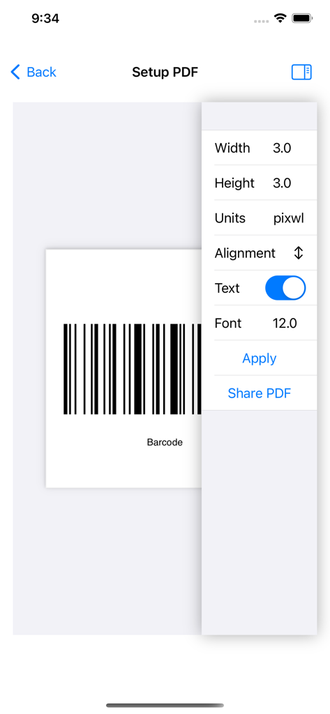Tela para configurar e compartilhar um código de barras Code 128 como PDF com configurações personalizáveis de largura e altura