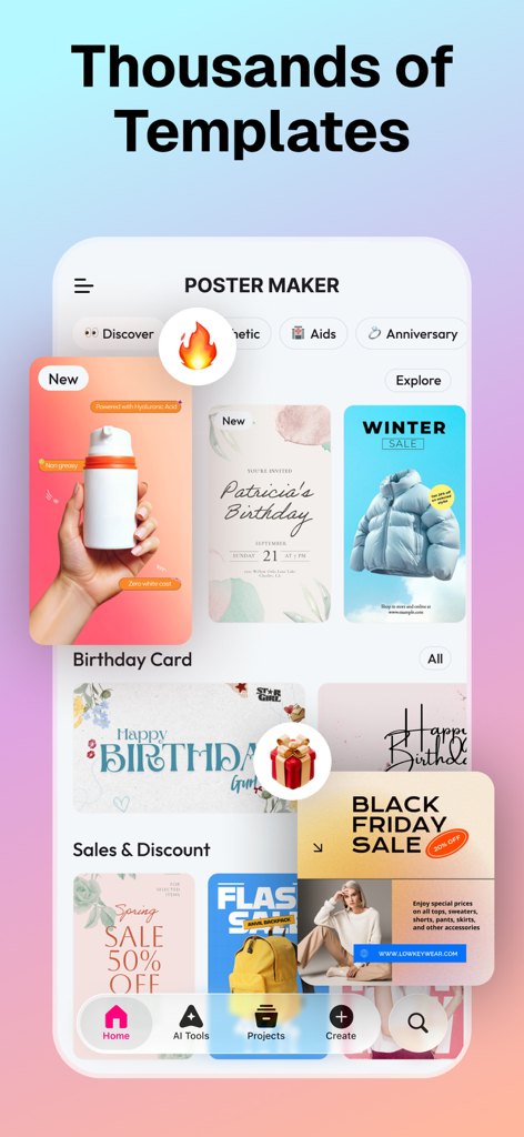 Flayer: AI Poster Maker, Flyer - セールイベントや誕生日カード向けのさまざまなデザインテンプレートを表示するFlayerモバイルアプリインターフェース