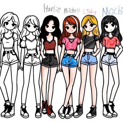 a group of girls wearing crop tops and shorts