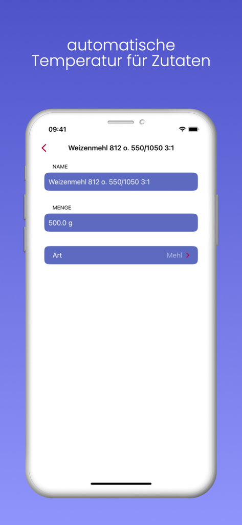 Interface de Back App montrant la quantité et le type d'ingrédients pour des calculs de cuisson précis.