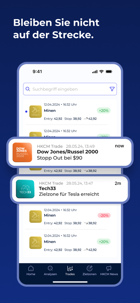 HKCM - Screenshot of the HKCM finance app showing real-time trade notifications and market analysis for indices and stocks