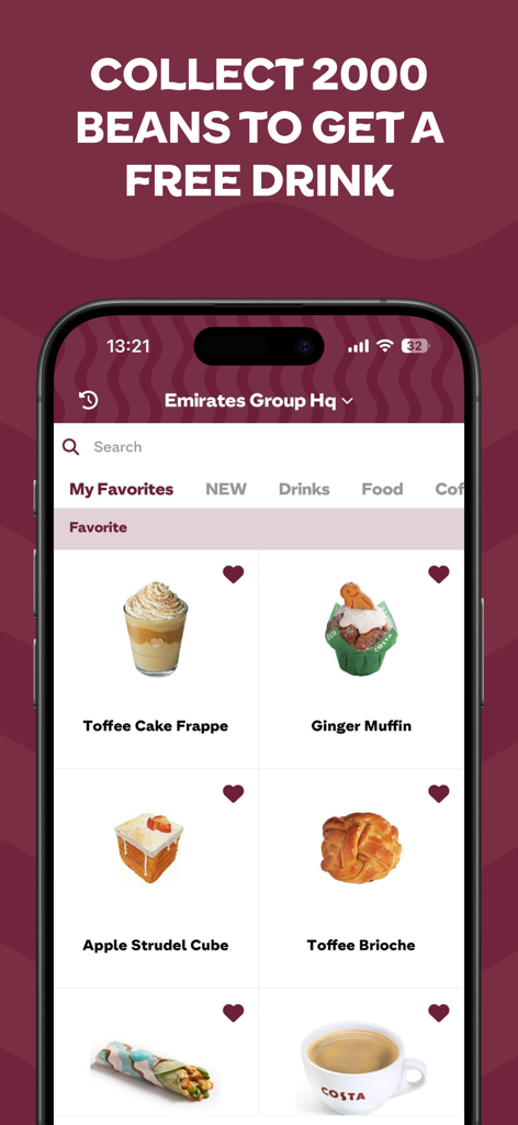 Costa Club UAE - Costa Club UAE mobile app interface showing favorite food and drinks menu and a loyalty reward banner for a free drink
