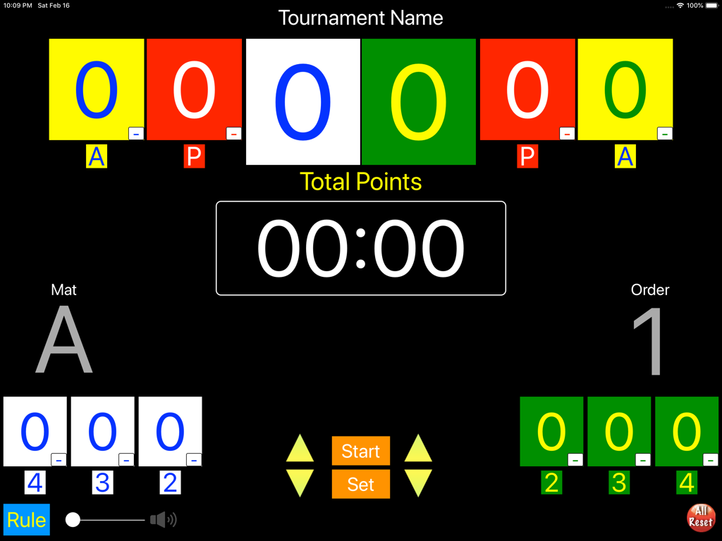 Digital BJJ scoreboard interface with points penalties and match timer