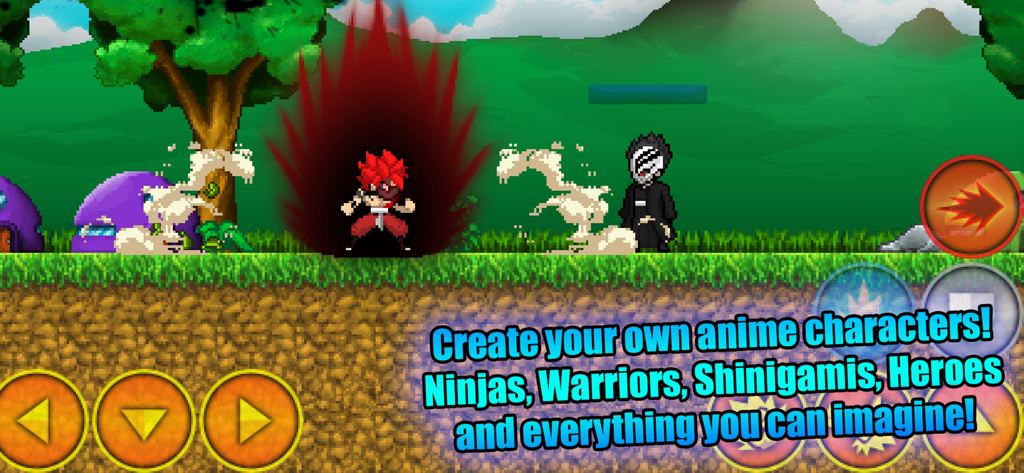 Warriors of the Universe - Captura de pantalla del juego de Warriors of the Universe mostrando personajes anime pixel art en combate con un aura de energía roja