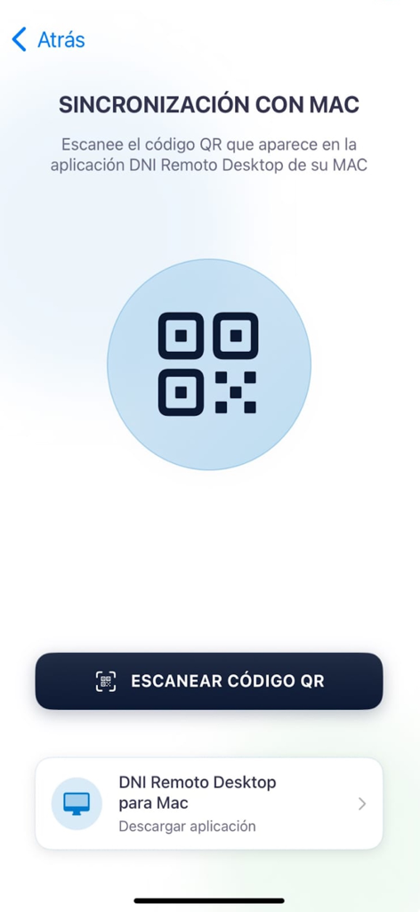 Pantalla de la aplicación DNI Remoto que muestra la sincronización con un ordenador Mac a través de un código QR