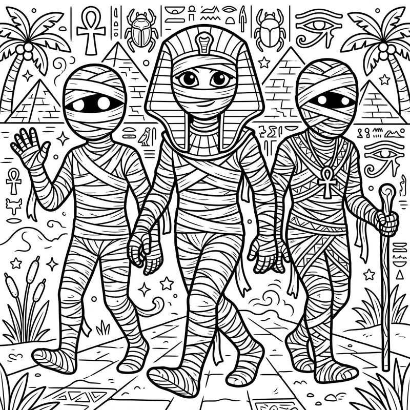 Step into the fascinating world of ancient Egypt with this delightful bandaged mummies coloring page! Designed with large print and clear outlines, it offers a relaxing and engaging activity perfect for seniors.