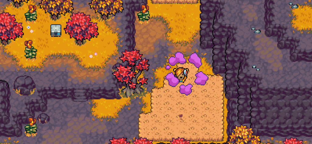 A trainer character exploring an autumn themed pixel art world in Coromon