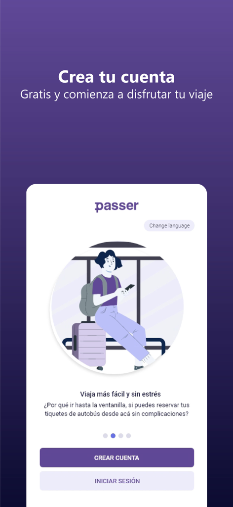 Passer Technologies - Pantalla de incorporación de la aplicación Passer Technologies para reservar tiquetes de autobús en español que muestra opciones para crear una cuenta o iniciar sesión.