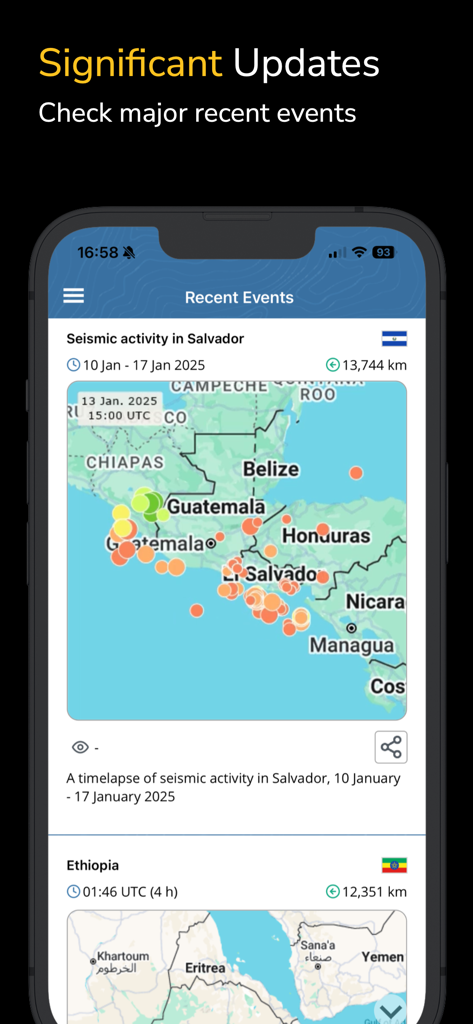 Screenshot of the Earthquake plus app showing a list of recent seismic events with a map of activity in Salvador.