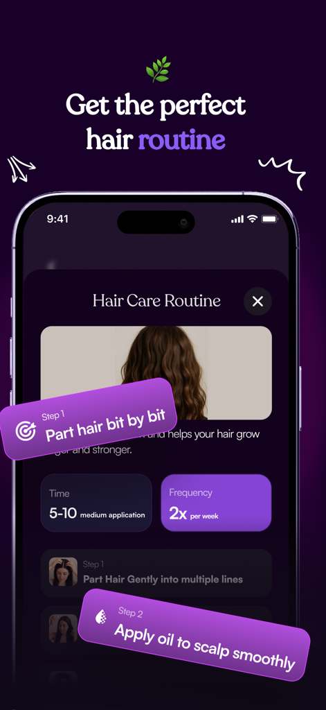 Strand - AI Hair snap Analysis - A smartphone displaying the Strand app interface with a personalized hair care routine featuring step by step instructions for hair parting and oil application.