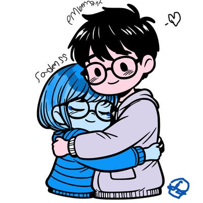 a boy hugging a girl with glasses