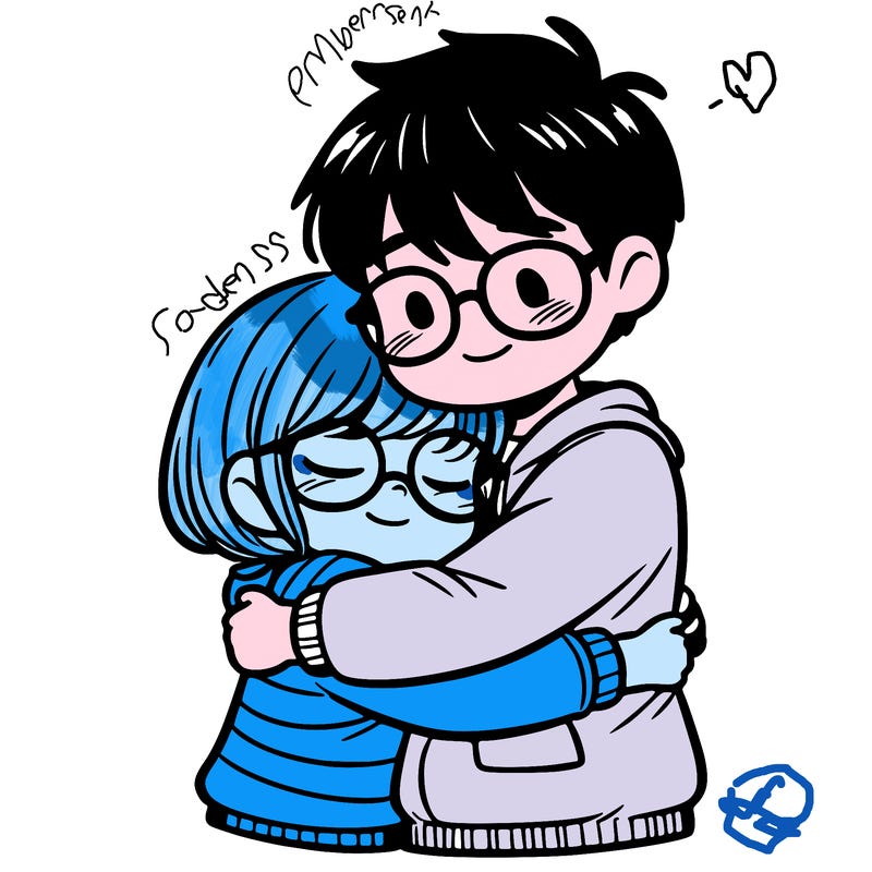 a boy hugging a girl with glasses