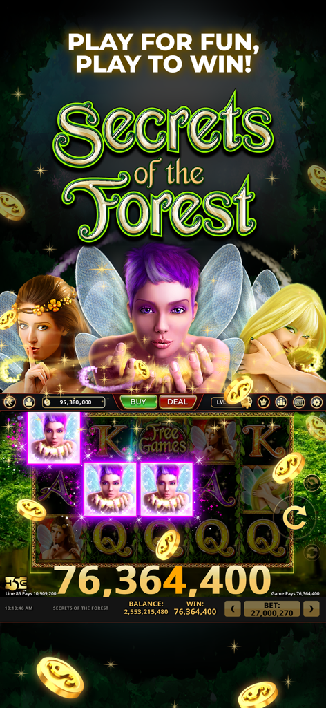 Lucky Eagle Play - Slots Games - Lucky Eagle Play app showing a big win on the Secrets of the Forest slot game with fairies and flying coins.