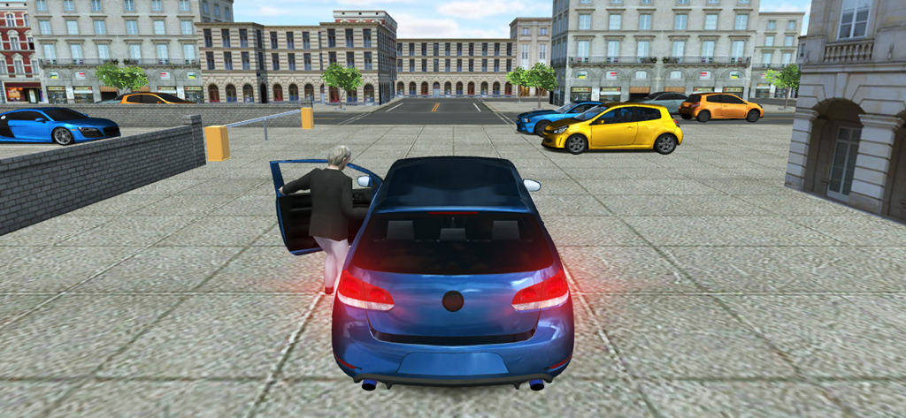 Car Parking Valet - Valet driver getting out of a blue car in a city parking simulator