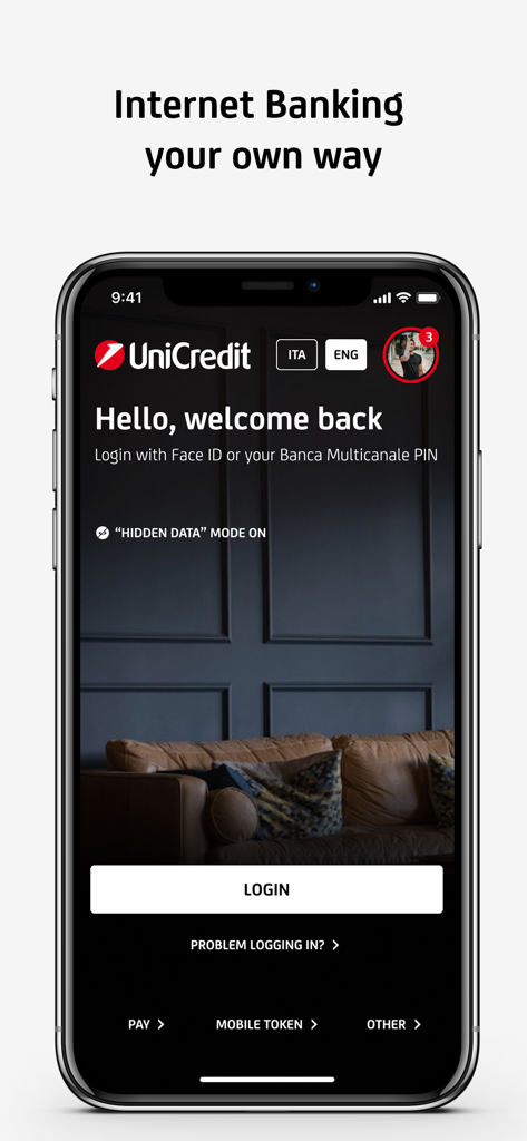 Login screen of the UniCredit Mobile Banking app featuring a welcome message and Face ID authentication option.