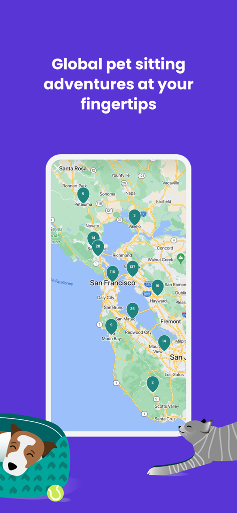 TrustedHousesitters app showing a map of pet sitting opportunities in San Francisco