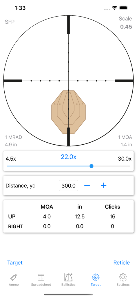 Ballistics Calculator 2026 - Ballistics Calculator interface showing scope reticle and MOA click adjustments for a 300 yard target.
