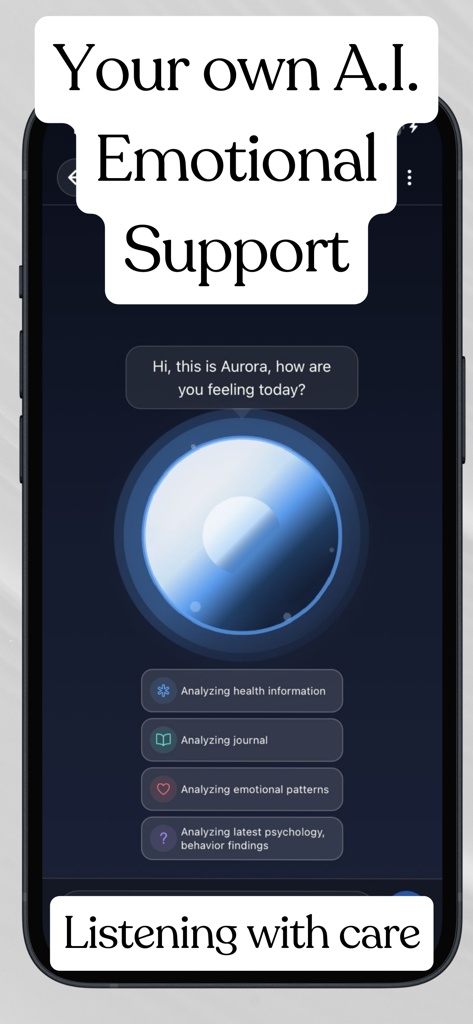 Aurora: AI Therapy & Community - Pantalla de smartphone que muestra la interfaz de la aplicación de terapia IA de Aurora con el texto Tu propio soporte emocional IA