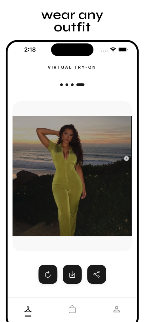 dressr - Virtual Fitting Room - A smartphone screen displaying a photorealistic AI virtual try on of a lime green jumpsuit in the dressr app