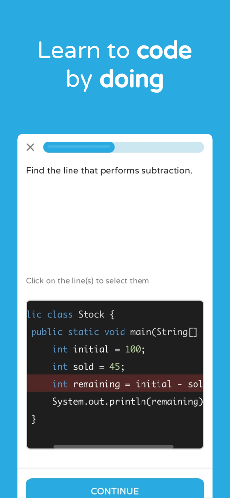 Coddy: Learn Coding Daily - Interface de l'application Coddy montrant un défi de codage interactif où un utilisateur identifie une ligne de code pour la soustraction.