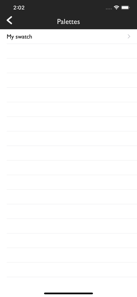 iDrop 앱의 팔레트 화면에 저장된 색상 컬렉션 목록 표시