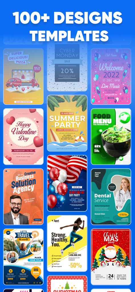 Poster Maker: & Flyer Maker - Un affichage de divers modèles de conception d'affiches et de flyers pour différents événements d'entreprise et sociaux