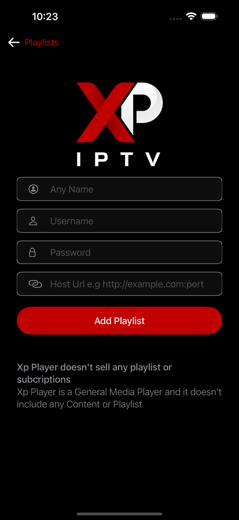 XP IPTV - XP IPTV 앱 로그인 화면에 사용자 이름, 비밀번호 및 호스트 URL을 추가하기 위한 필드가 표시됨